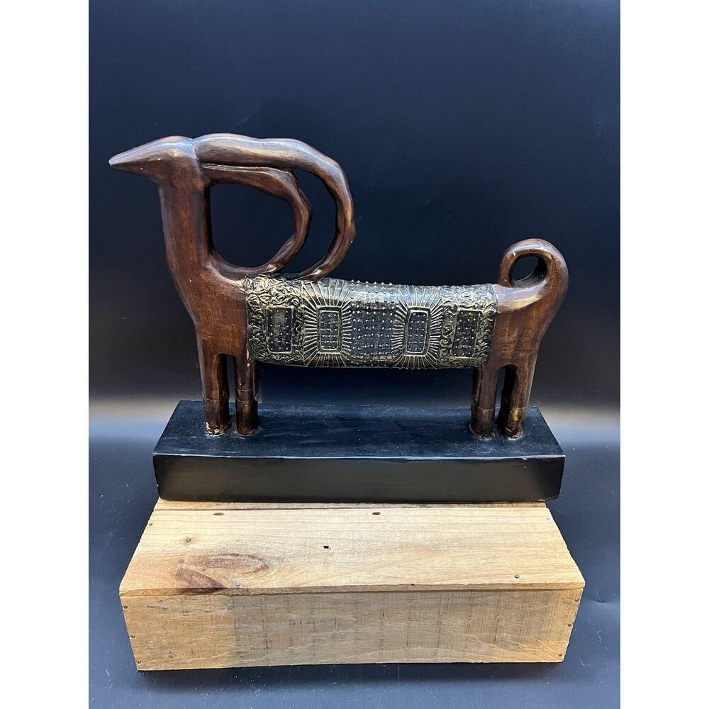 Antique Hand Carved Wooden Goat Antelope Figurine Wrapped Gold Saddle ￼